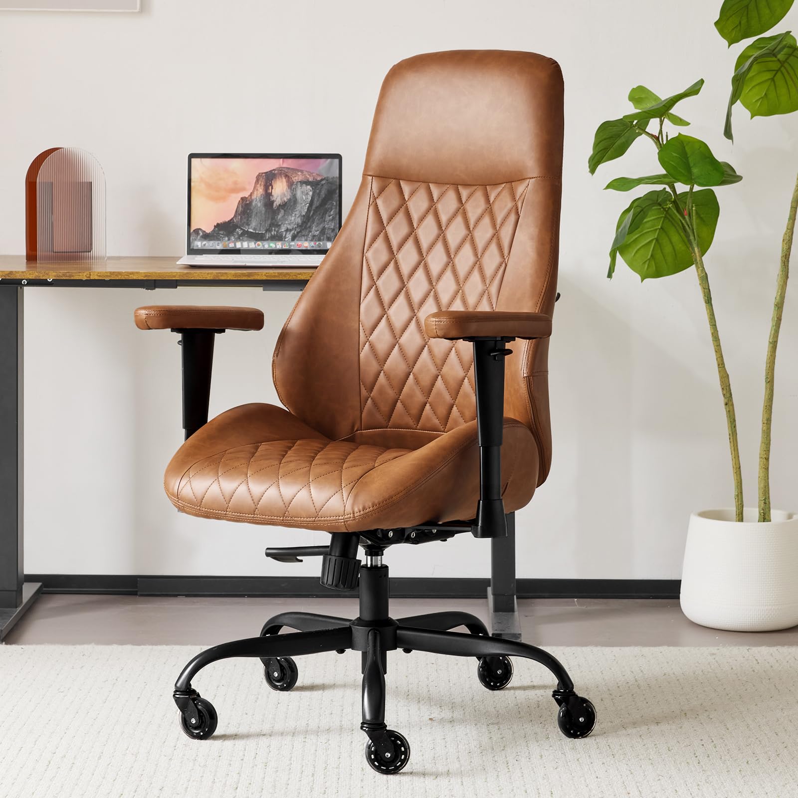 YFO Home Office Desk Chair Office Rubber Casters Ergonomic Computer Chair with Lumbar Support Adjustable Height Rolling Swivel Executive Task Armrests Chair， Brown Leather