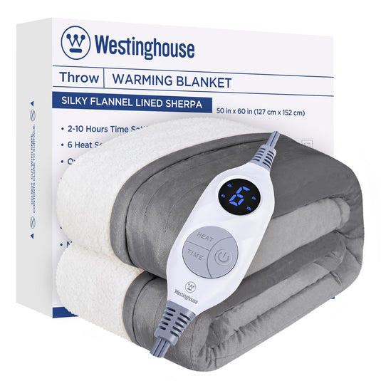 Westinghouse Heated Blanket Queen Size, Soft Flannel to Sherpa Electric Blanket with 10 Heating Levels, 12 Hours Auto Off, Fast Heating Blanket, Machine Washable, 84x90 Inch, Charcoal