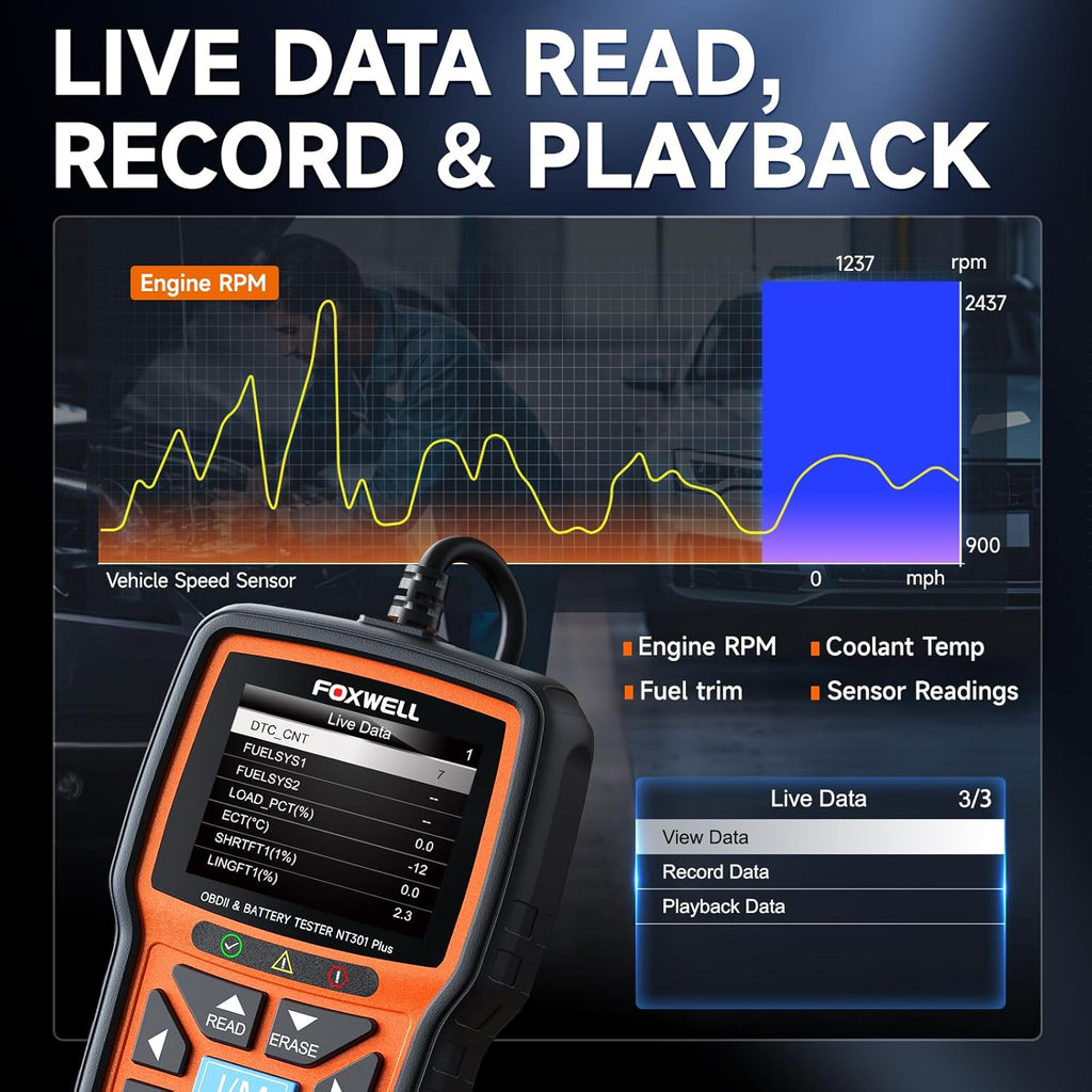 FOXWELL NT301 Plus 2-in-1 OBD2 Scanner Battery Tester, Professional Check Engine Code Reader Car Diagnostic Tool, Live Data, 12V 100-1100CCA Cranking Charging Analyzer for 1996 or Newer Vehicle