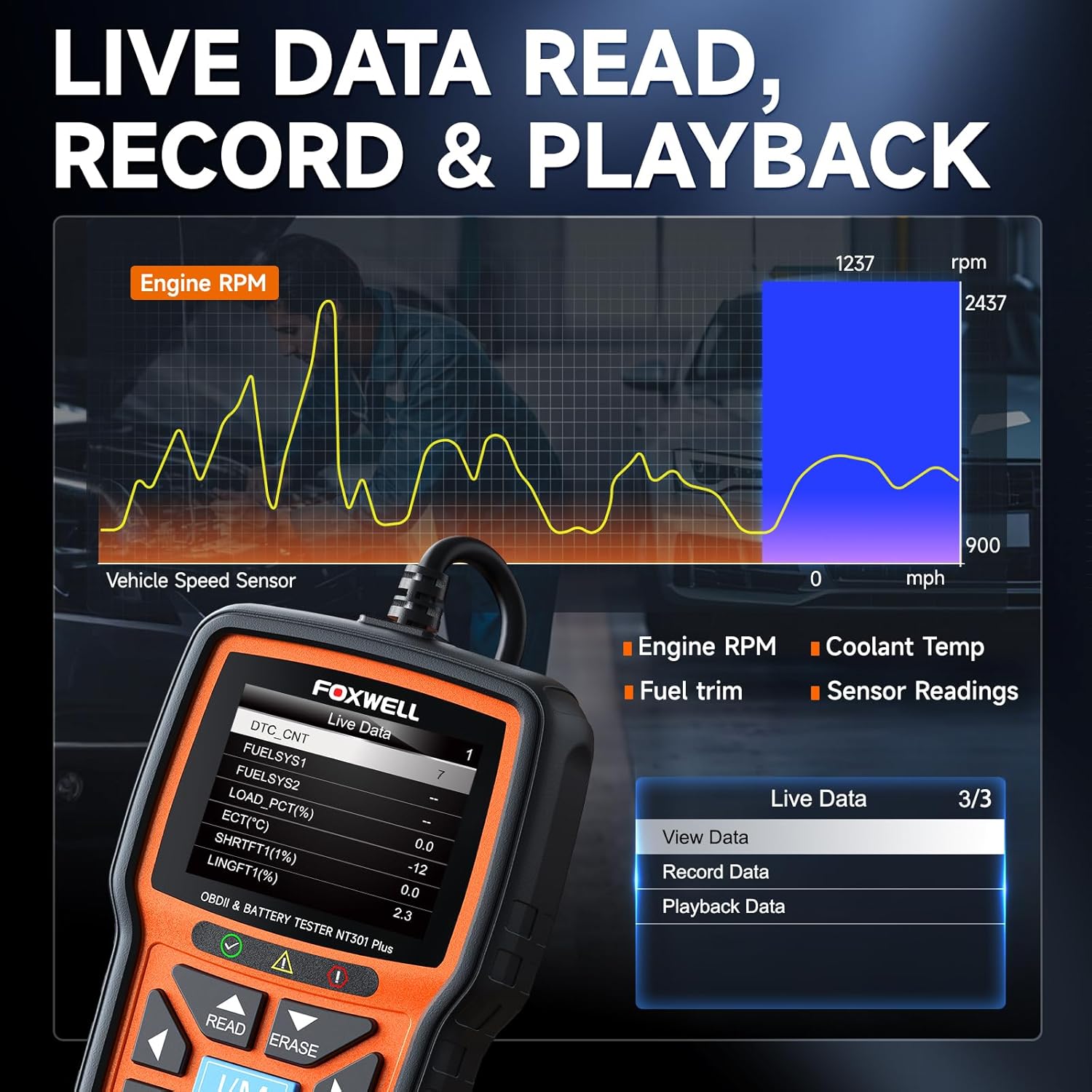 FOXWELL NT301 Plus 2-in-1 OBD2 Scanner Battery Tester, Professional Check Engine Code Reader Car Diagnostic Tool, Live Data, 12V 100-1100CCA Cranking Charging Analyzer for 1996 or Newer Vehicle