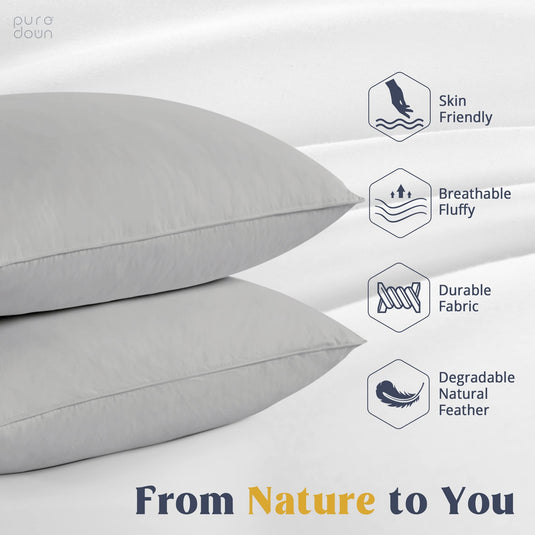 puredown® Goose Feathers and Down White Pillows with 100% Cotton Cover, Bed Sleeping Hotel Collection Pillows Set of 2, Standard Size