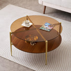 Round Coffee Table, Mid-Century Modern Design, D30 x H17, for Living Room, 2-Tier Structure, Amber Glass Top and Walnut MDF Shelf, Sleek Conical Metal Legs with Gold Finish