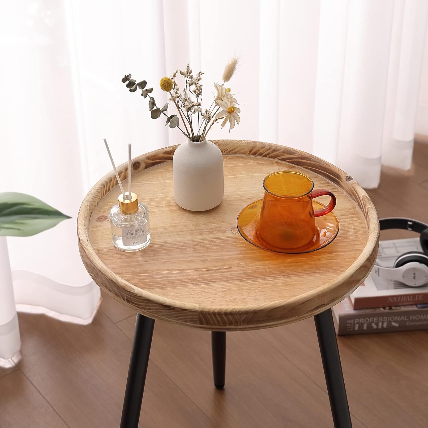 Tiita Round End Table Mental Side Table Nightstand/Small Wood Tables Accent Coffee Table with Wooden Tray for Living Room Bedroom Office Small Space