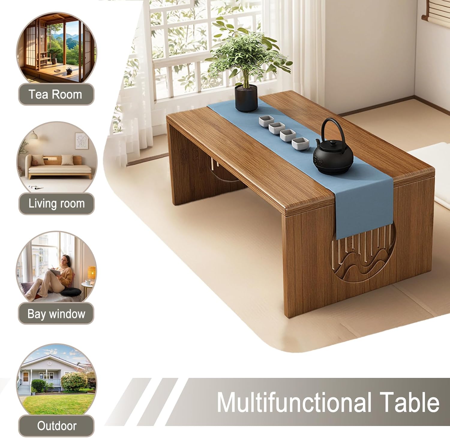 Japanese Floor Table, Bamboo Folding Coffee Table for Sitting on The Floor, No Assembly Small Low Tables for Dinning Tea Room, Zen Living Room(Brown, 80CM)