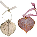 Aspen Leaf Ornaments, Set of 2 - One Copper Dipped, One Gold Dipped, Real Leaves, 2.5 Inch Length, Adjustable Ribbon Ties