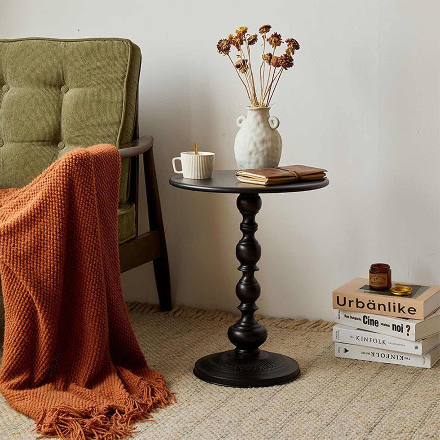 Chic Vintage Round Side Table with Elegant Roman Columns - Sturdy Metal Construction, Perfect for Coffee, End, Tea, or Leisure Use in Living Room or Bedroom Decor (Black Small 1 Pack)