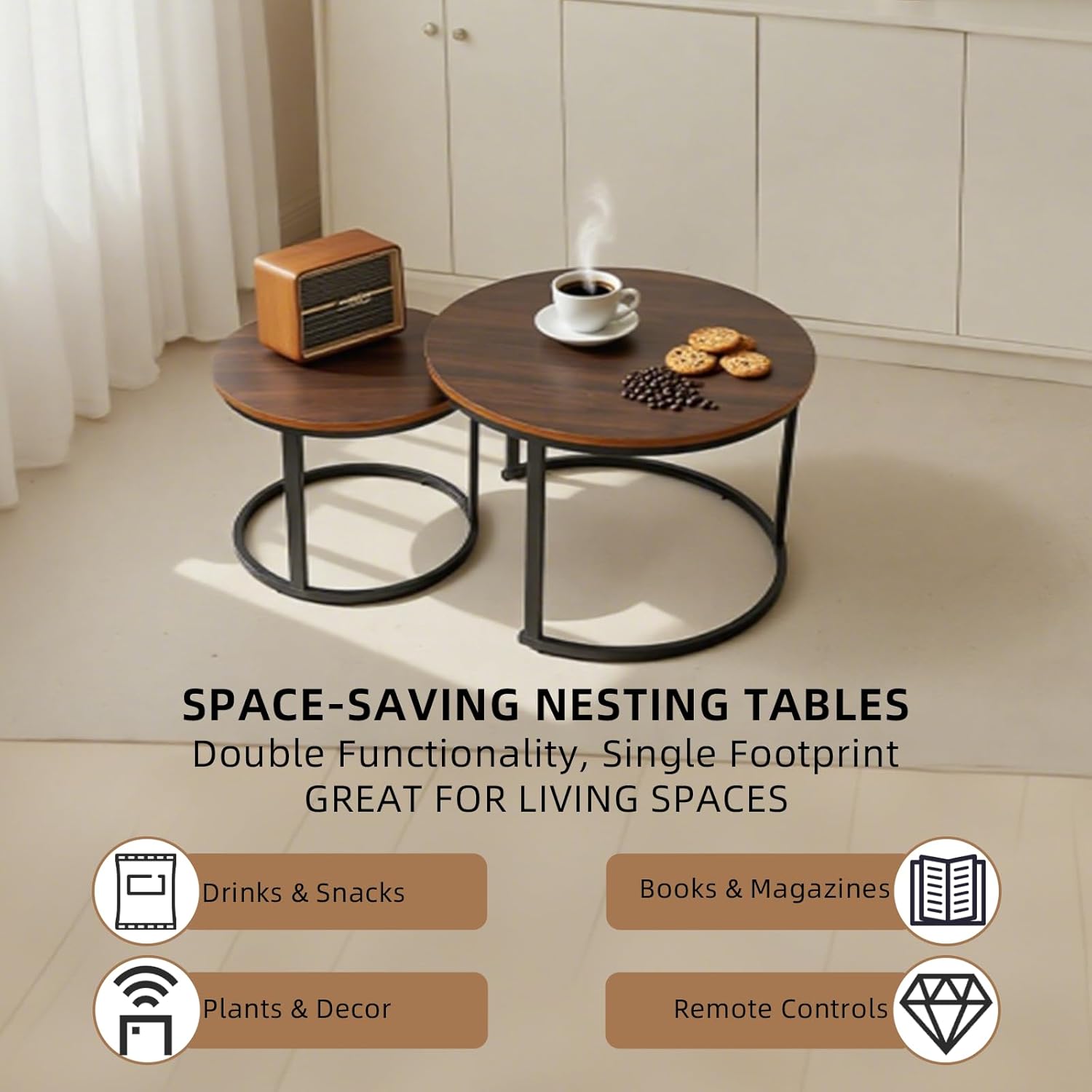 FAHKNS Nesting Coffee Table Set of 2, 27.56" & 19.68" Round Simple Industrial Side Tables for Living Room with Wood Top & Metal Base, Space-Saving Furniture for Small Spaces