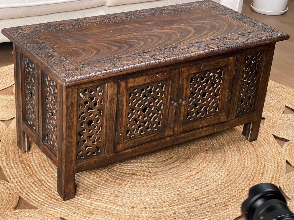 Hand-Carved Wooden Coffee Table – 36” x 18” Rectangular Mango Wood Center Table with Storage, Natural Burnt Finish, Living Room & Accent Table