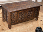 Hand-Carved Wooden Coffee Table – 36” x 18” Rectangular Mango Wood Center Table with Storage, Natural Burnt Finish, Living Room & Accent Table