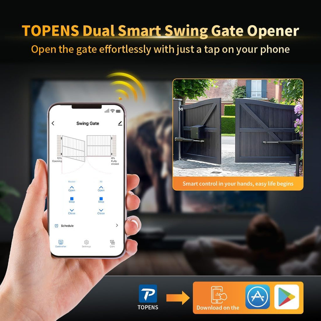 TOPENS XD852 Smart Gate Opener for Heavy Duty Dual Swing Gates Up to 18ft per Arm, Automatic Gate Opener with App Control AC Powered Remote Control Kit Solar Compatible
