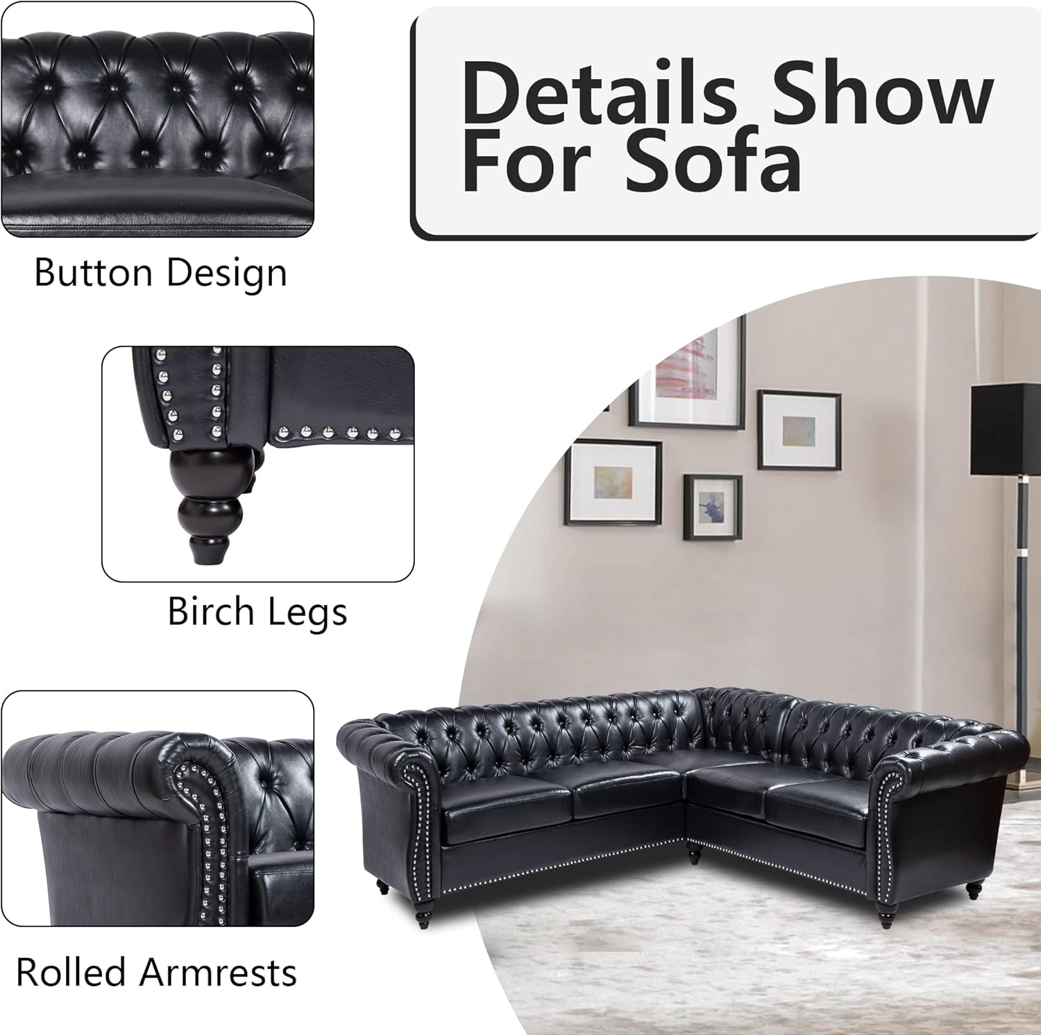 QHITTY L-Shaped Sofa, Sectional Chesterfield Leather Couch 5-Seater Upholstered Small Accent Tufted Sofa with Rolled Armrest and Nailhead Design for Living Room, Apartment, Office (Black)
