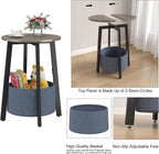 Small Round Side End Table with Cloth Storage Basket, Round Bedside Sofa Couch Coffee Tables for Small Places with Metal Frame, Modern Nighstands for Living Room Bedroom, Grey