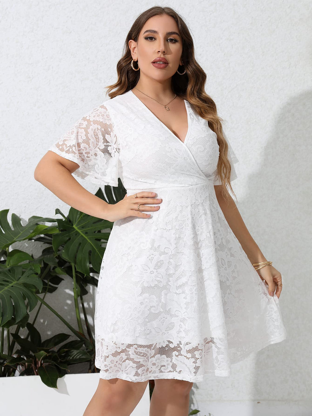 SCOMCHIC Women Plus Size Lace Cocktail Dresses Summer Wrap V Neck Short Sleeve Flowy A Line Wedding Guest Midi Dress White