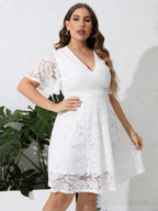 SCOMCHIC Women Plus Size Lace Cocktail Dresses Summer Wrap V Neck Short Sleeve Flowy A Line Wedding Guest Midi Dress White