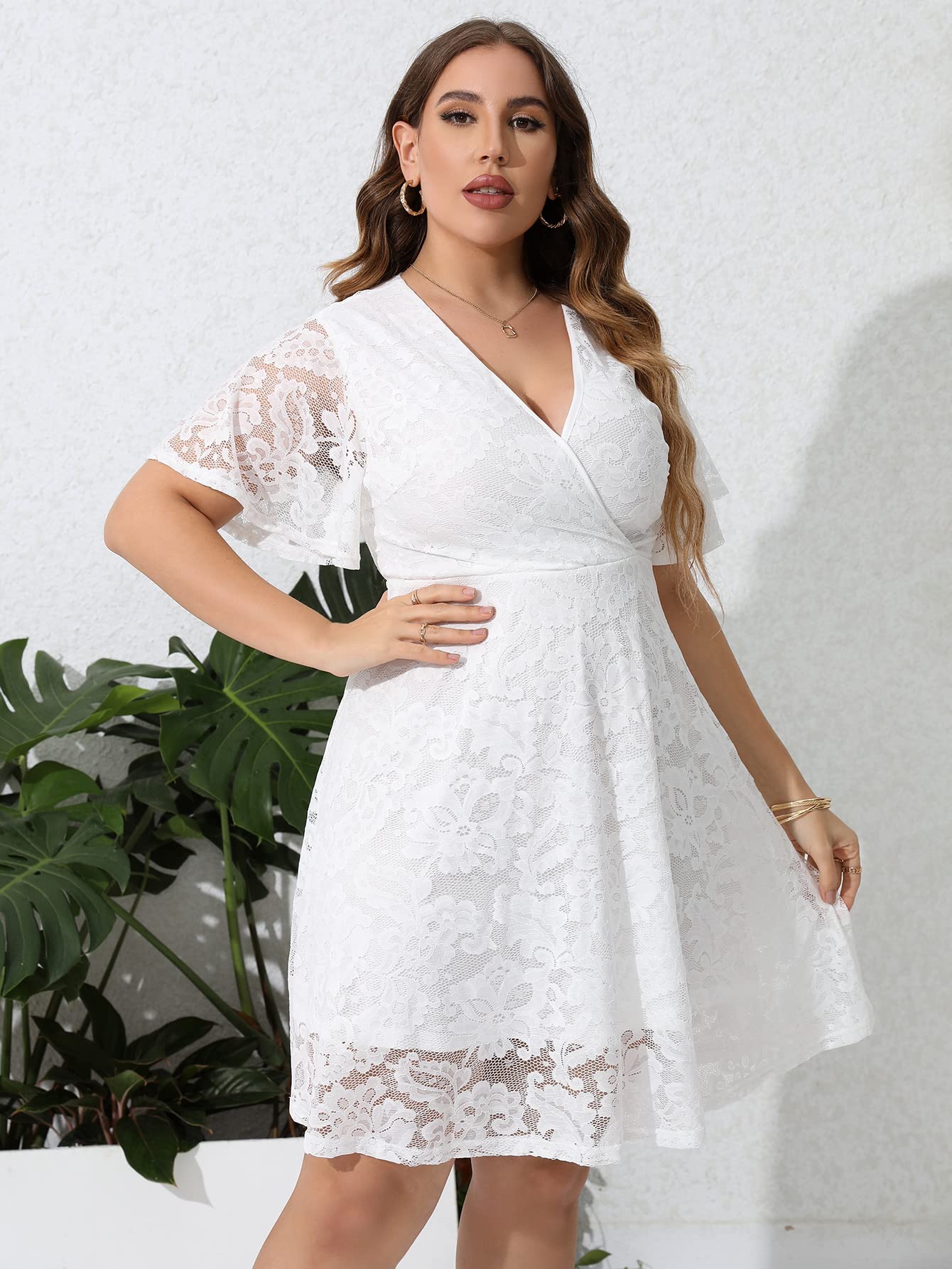 SCOMCHIC Women Plus Size Lace Cocktail Dresses Summer Wrap V Neck Short Sleeve Flowy A Line Wedding Guest Midi Dress White