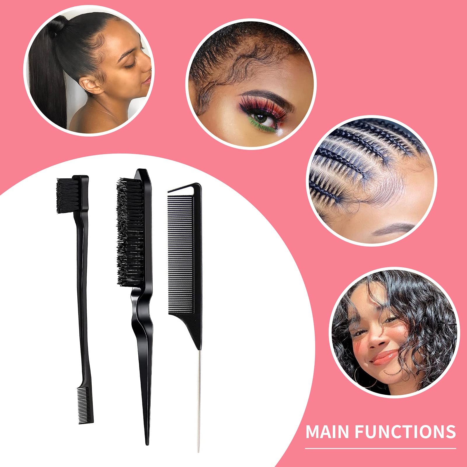 3 Pieces Comb Set for Teasing, Edge & Back Brushing - Rat Tail & Edge Combs for Styling Women's Hair (Black) - Grand Goldman