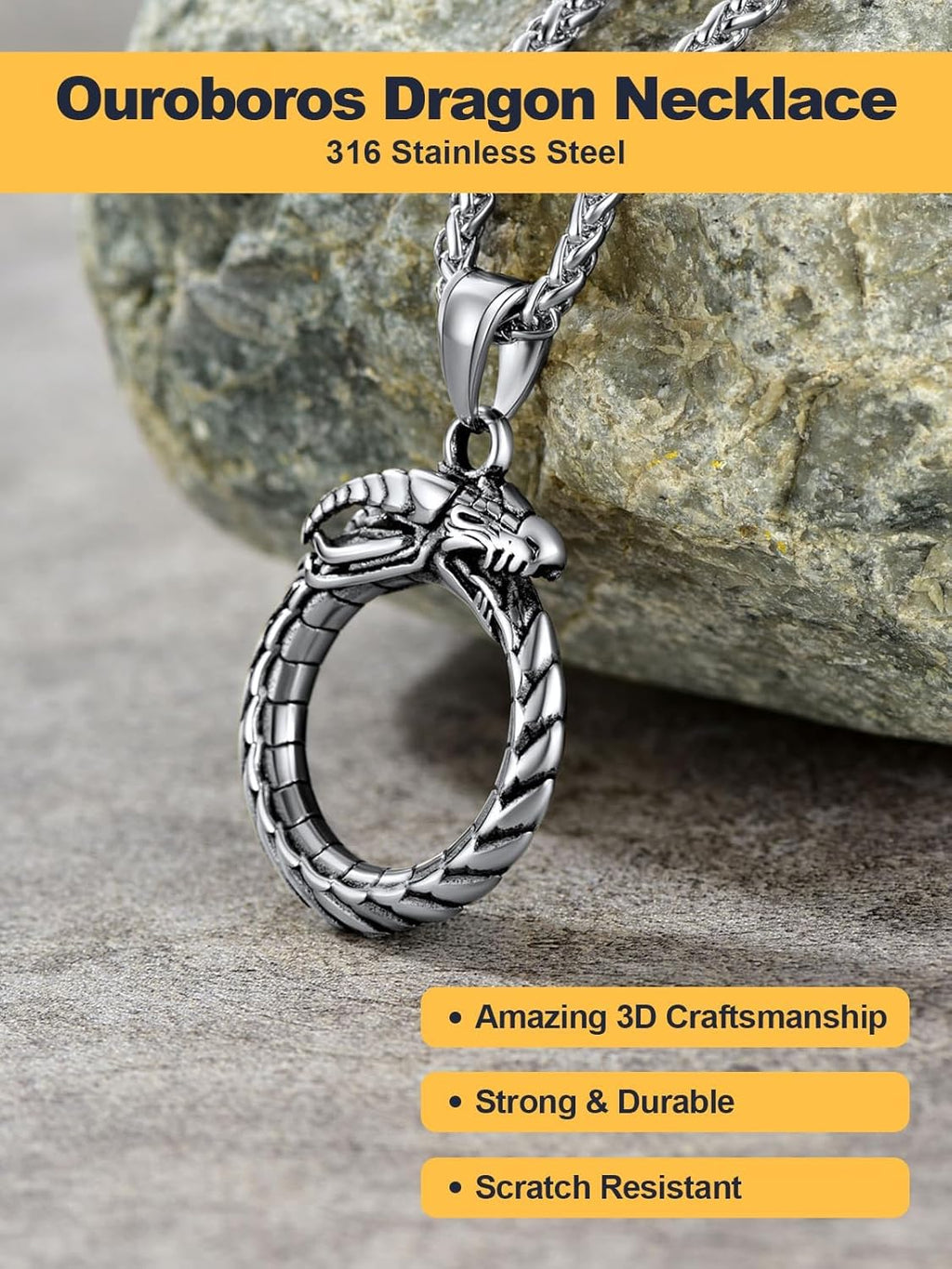 U7 Punk Chameleon/Eagle/Dragon/Hawk/Wolf Necklaces for Men Women, Retro Black Stainless Steel Animal Pendant Personalized Jewelry Gift Cool Necklace with 22 Inch Chain