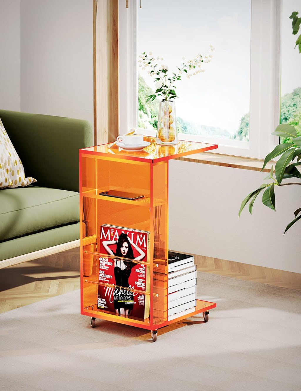 Clear Acrylic Side Table on Lockable Wheels, C Shaped End Table for Sofa, Small Coffee Tables for Small Spaces (Orange)