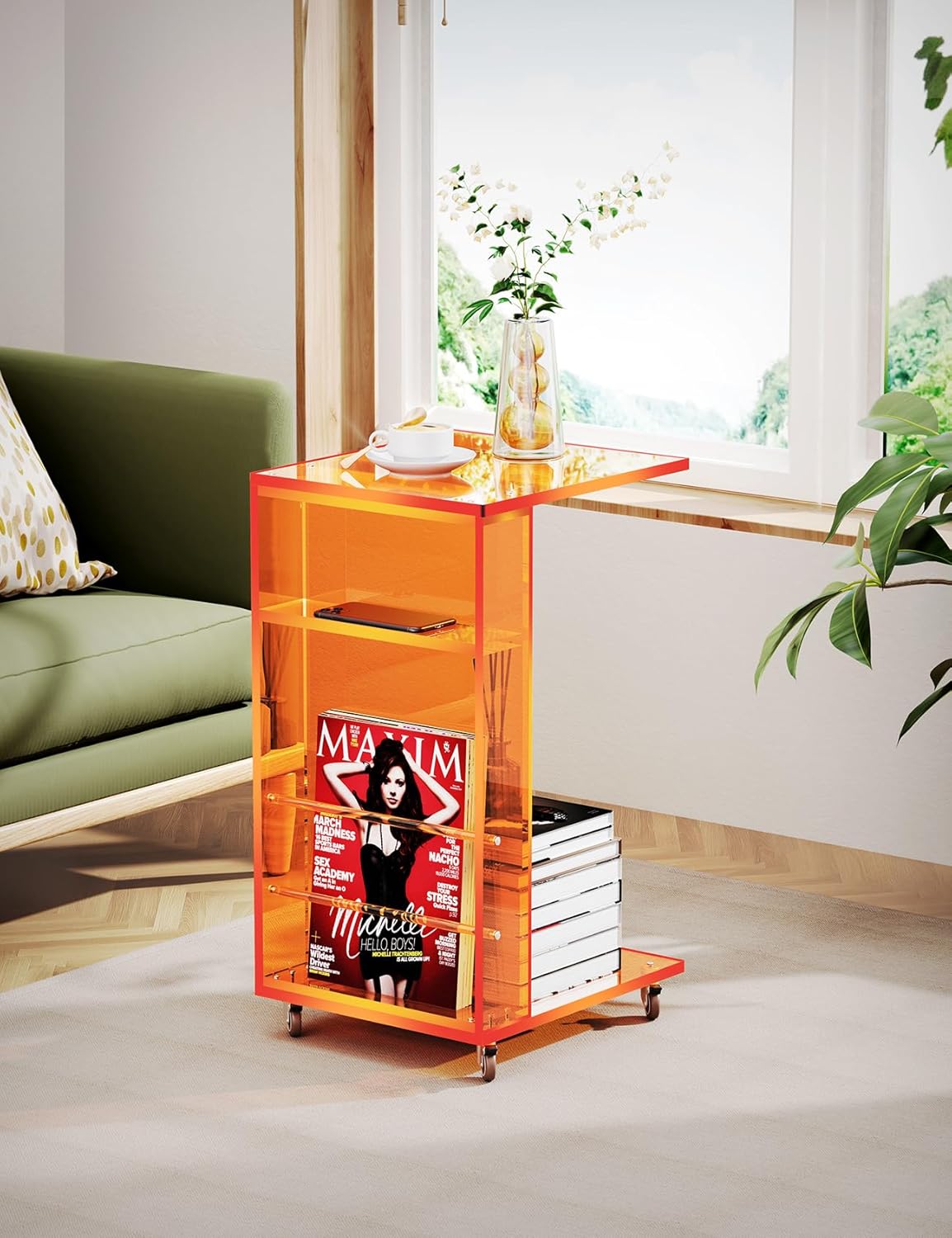 Clear Acrylic Side Table on Lockable Wheels, C Shaped End Table for Sofa, Small Coffee Tables for Small Spaces (Orange)