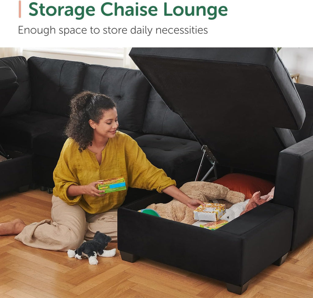 HONBAY Sectional Sleeper Sofa with Pull Out Bed, Sleeper Sectional Couch for Living Room, Sofa Bed with Storage Chaise, Velvet Black