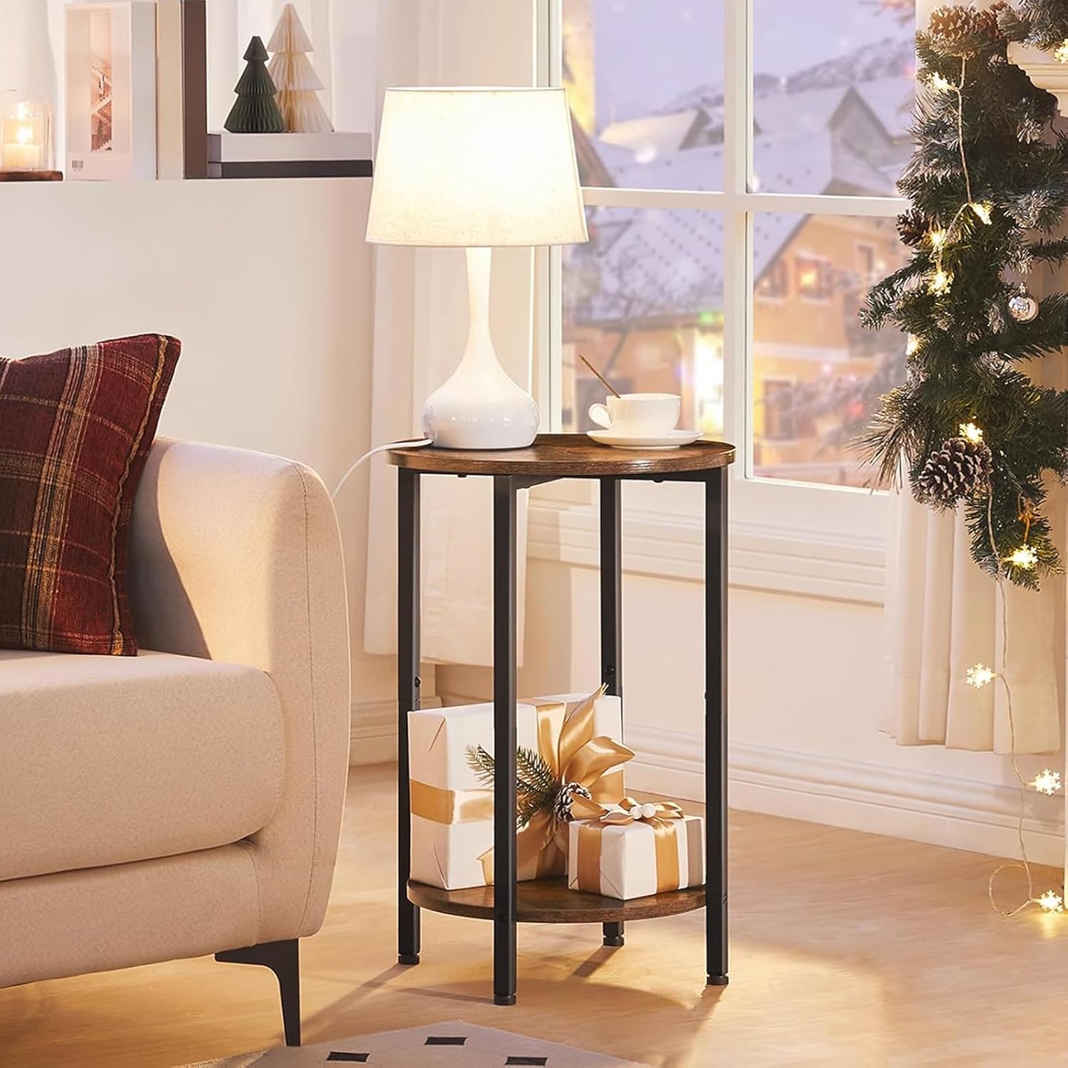 HOOBRO Round Side Table, Wooden Look Accent End Table for Sofa Couch, Round Nightstand with 2-Tier Storage Shelf, for Small Spaces in Living Room, Bedroom, Rustic Brown BF58BZ01G1