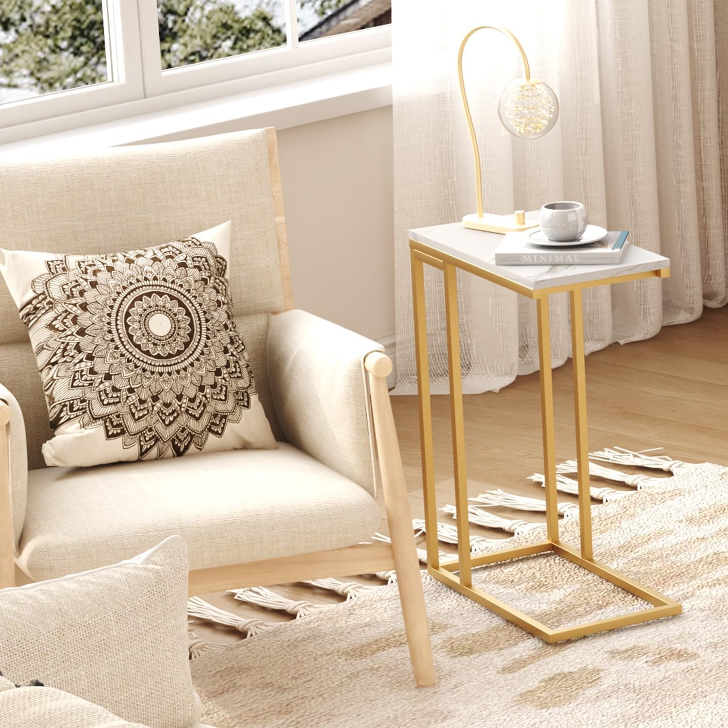 Function Home C Shaped End Table, Small Side Tables for Sofa Bed, Couch Tables That Slide Under, Drink Snack Table for Living Room Bedroom Small Space, White Wood Top and Gold Metal Frame