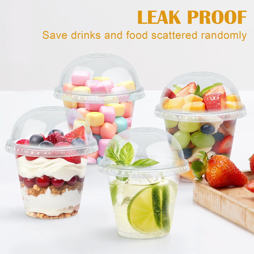 Lamosi 100 szt. 9 oz przezroczystych plastikowych kubków z pokrywkami, jednorazowe kubki z kopułkowymi pokrywkami, idealne do lodów, zimnych napojów, owoców, deserów, jogurtów parfait