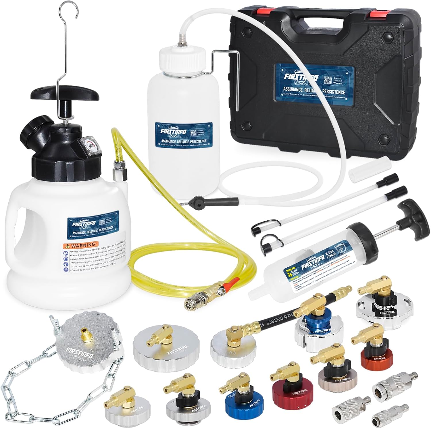 FIRSTINFO A1163HK3 3L Manual Pressure Brake Fluid Bleeder Kit w/ 11 Pcs Metal Master Cylinder Reservoir Adapters + Fluid Receiver Bottle, Extractor Pump, 3 Types of Couplers