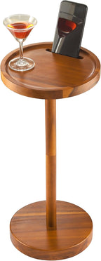 Drink Table, 24.4" Tall Compact Side Table with Phone Slot and Weighted Base, Durable Pedestal Table Accent for Living Room (Stepped Base, Acacia)