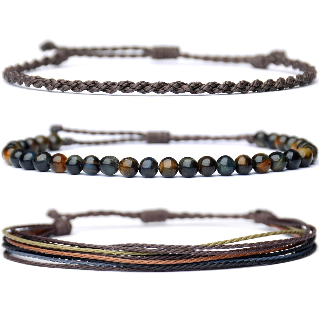 Handmade Natural Stone Beaded Healing Bracelet Gift for Men Adjustable Rope String Bracelet (Lava Rock, Adjustable)