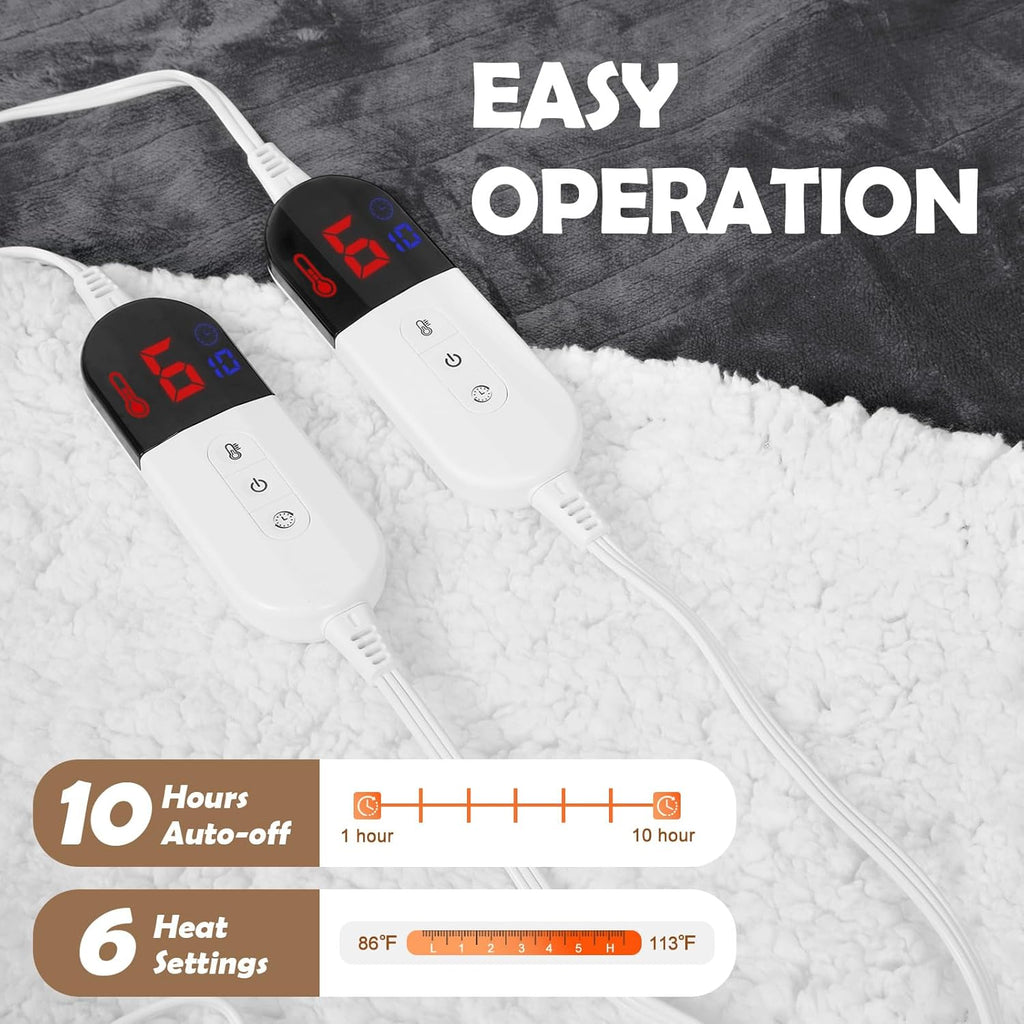 HOW'S MY HOUSE Heated Blanket 84" x 90", Dual Control Electric Blanket Queen Size with 10 Time Settings & 6 Heating Levels, Over-Heat Protection, Flannel Sherpa Super Cozy with ETL Certification, Gray