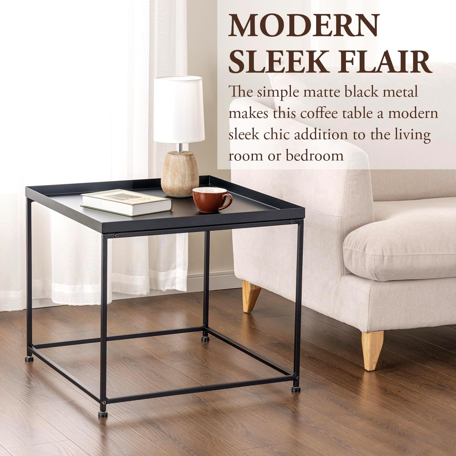 MyGift 24-inch Modern Tray Top End Table - Matte Black Metal Square Side Table or Nightstand
