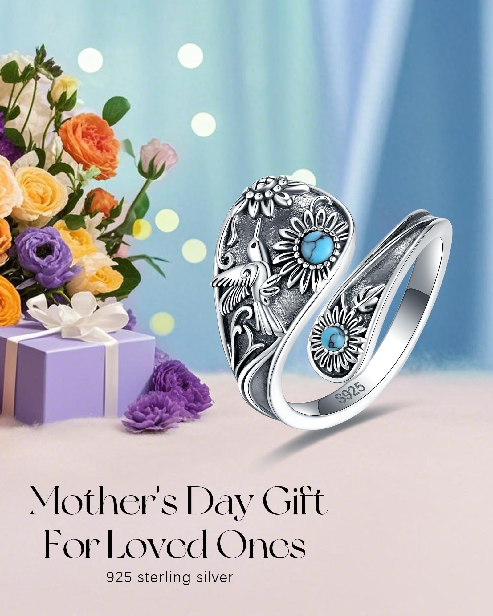 S925-Sterling-Silver Turquoise Dragonfly/Butterfly Spoon Ring - Vintage Boho Sunflower Thumb Rings Oxidized Wrap Ring Victorian Style Antique Floral Jewelry Gifts for Women