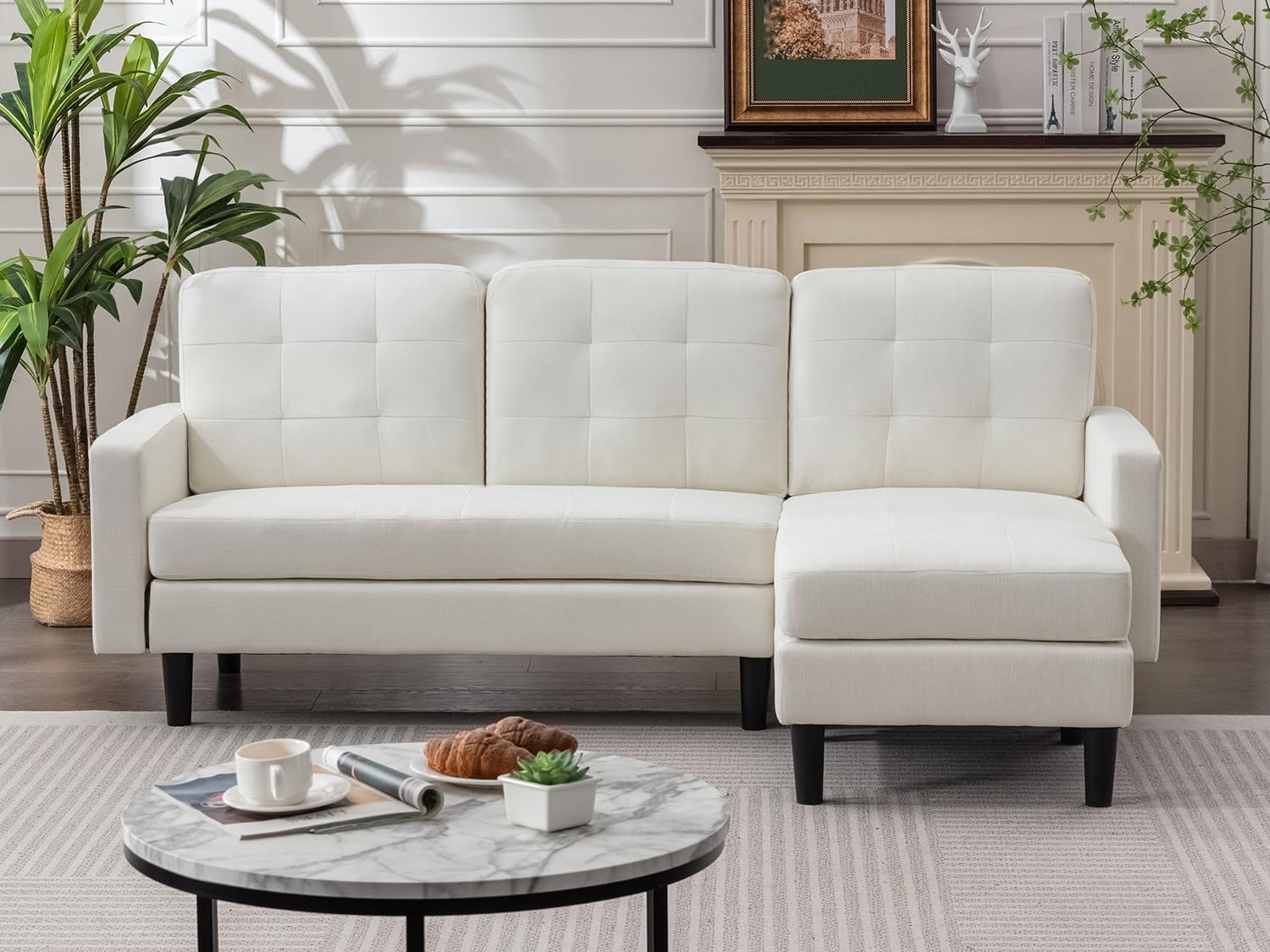 VECELO Convertible Sectional Sofa, Modern Linen Fabric L-Shaped Couch with Reversible Chaise for Living Room/Apartment/Office, Blue