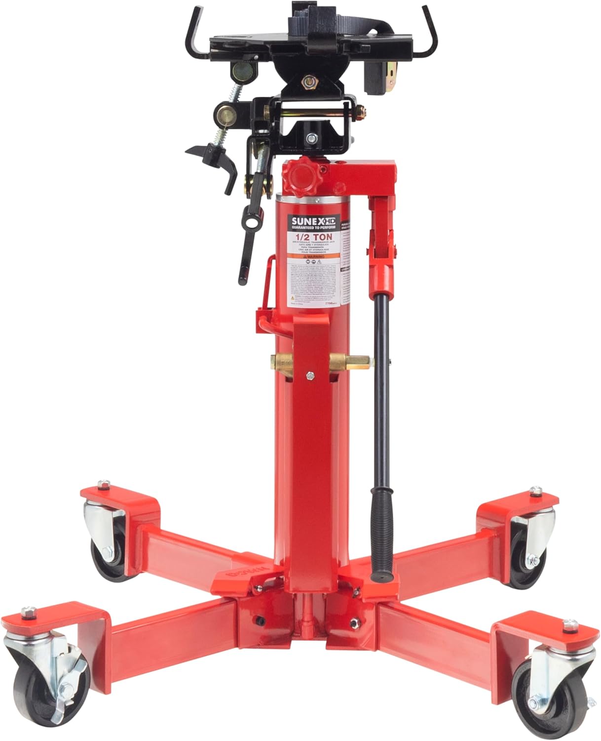Sunex Tools 7796 1,000 lb Telescopic Transmission Jack, Air/Hydraulic, Foot & Hand Pump, Adjustable Saddle Arms, 73.5 in Max Height