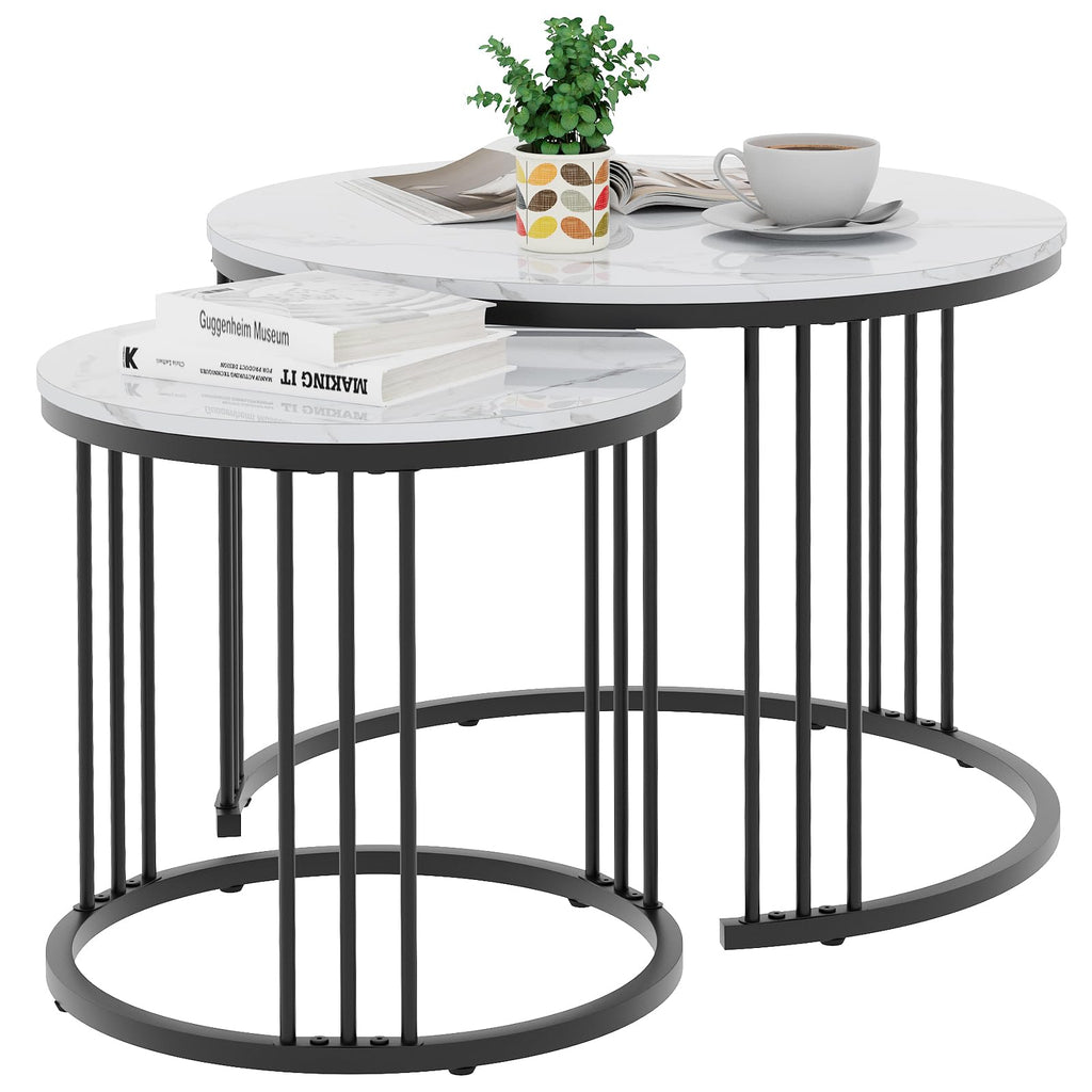 Garden 4 you Nesting Coffee Table, 23.6" Round Coffee Table Set of 2, Glass Nesting Table with Metal Frame, Ceter Tables for Living Room Bedroom Balcony, Gold