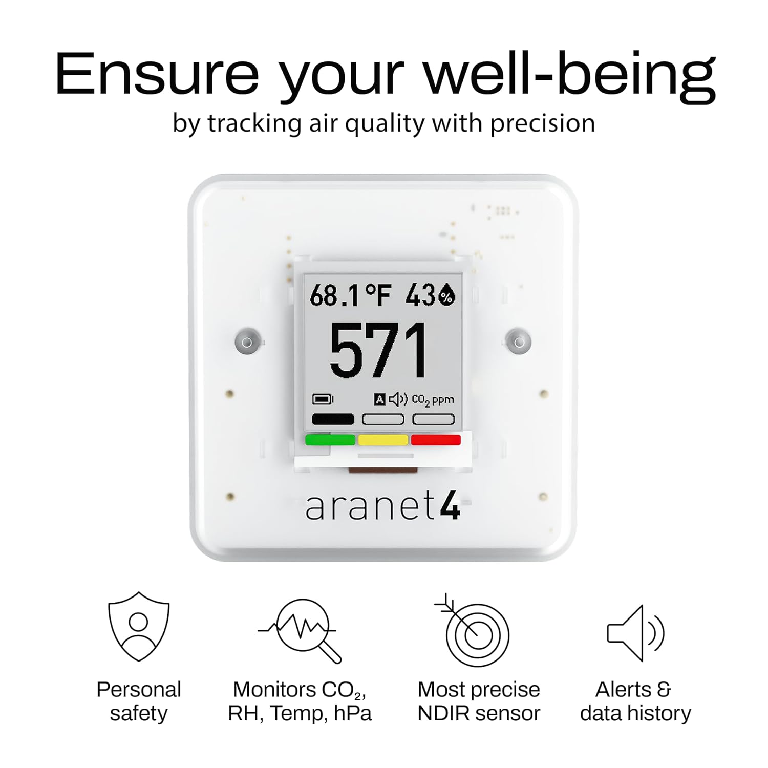 SAF Aranet4 Home: Wireless Indoor Air Quality Monitor for Office or School (CO2, Temperature, Humidity and More) Portable, Battery Powered, E-Ink Screen, App for Configuration & Data History