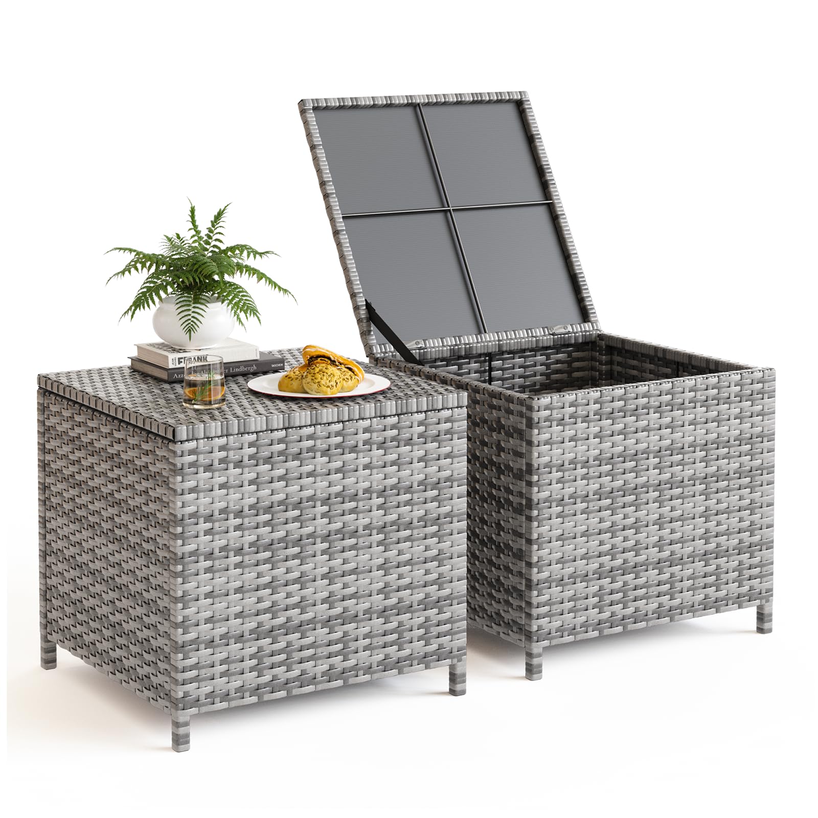 UDPATIO Outdoor Wicker Side Table with Storage Patio Rattan End Table Small Resin Square Container Coffee Table Backyard Pool for Furniture Covers, Toys and Gardening Tools (Grey)