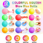 12 Pack Slow Rising Stress Ball,Stress Balls for Kids Adults,Stretchy Fidget Toys for Stress Relief,Hand Therapy Sensory Squishy Ball, Squishy Toys for Kids, Classroom Prize Box Party Favors