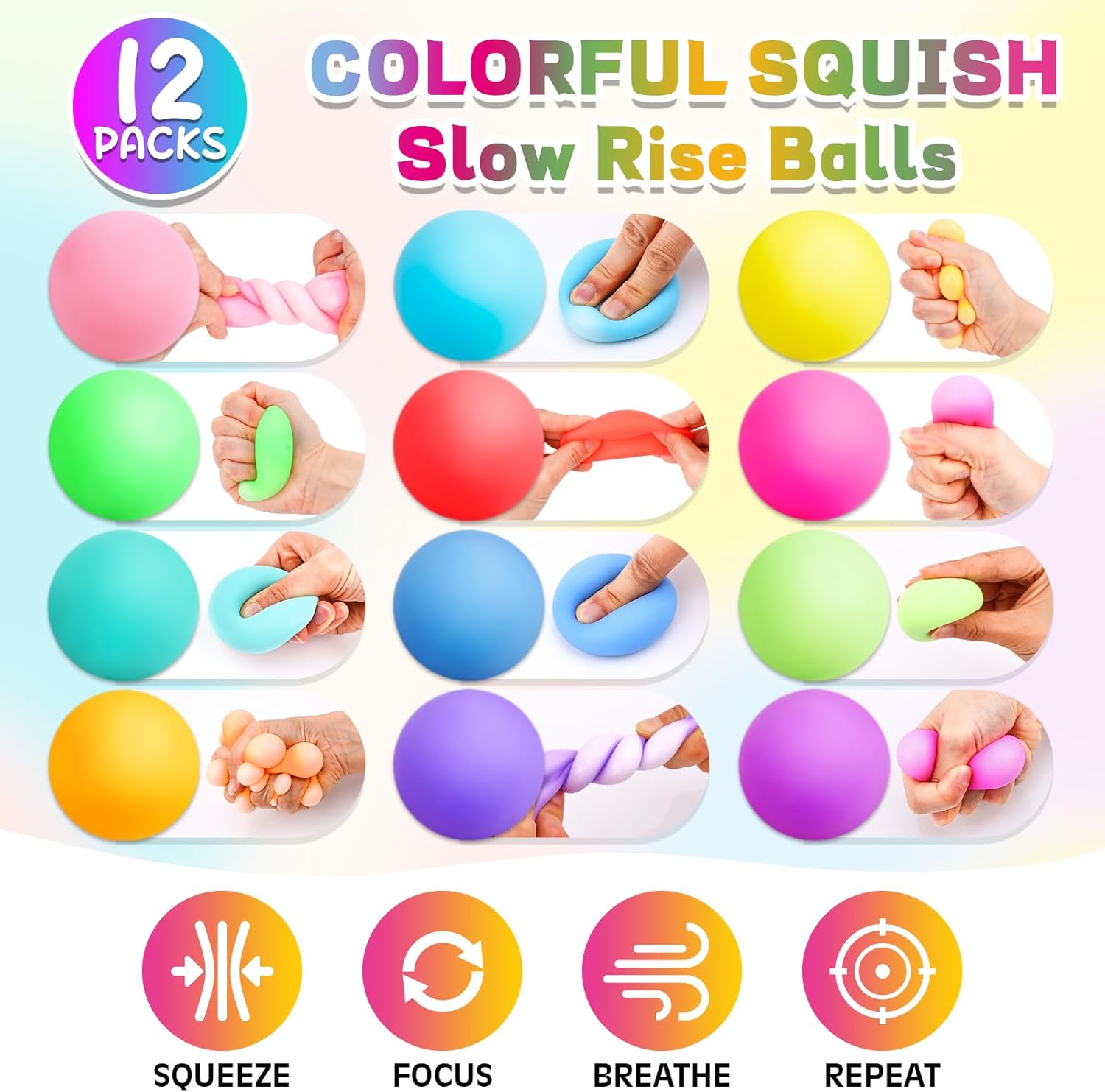 12 Pack Slow Rising Stress Ball,Stress Balls for Kids Adults,Stretchy Fidget Toys for Stress Relief,Hand Therapy Sensory Squishy Ball, Squishy Toys for Kids, Classroom Prize Box Party Favors
