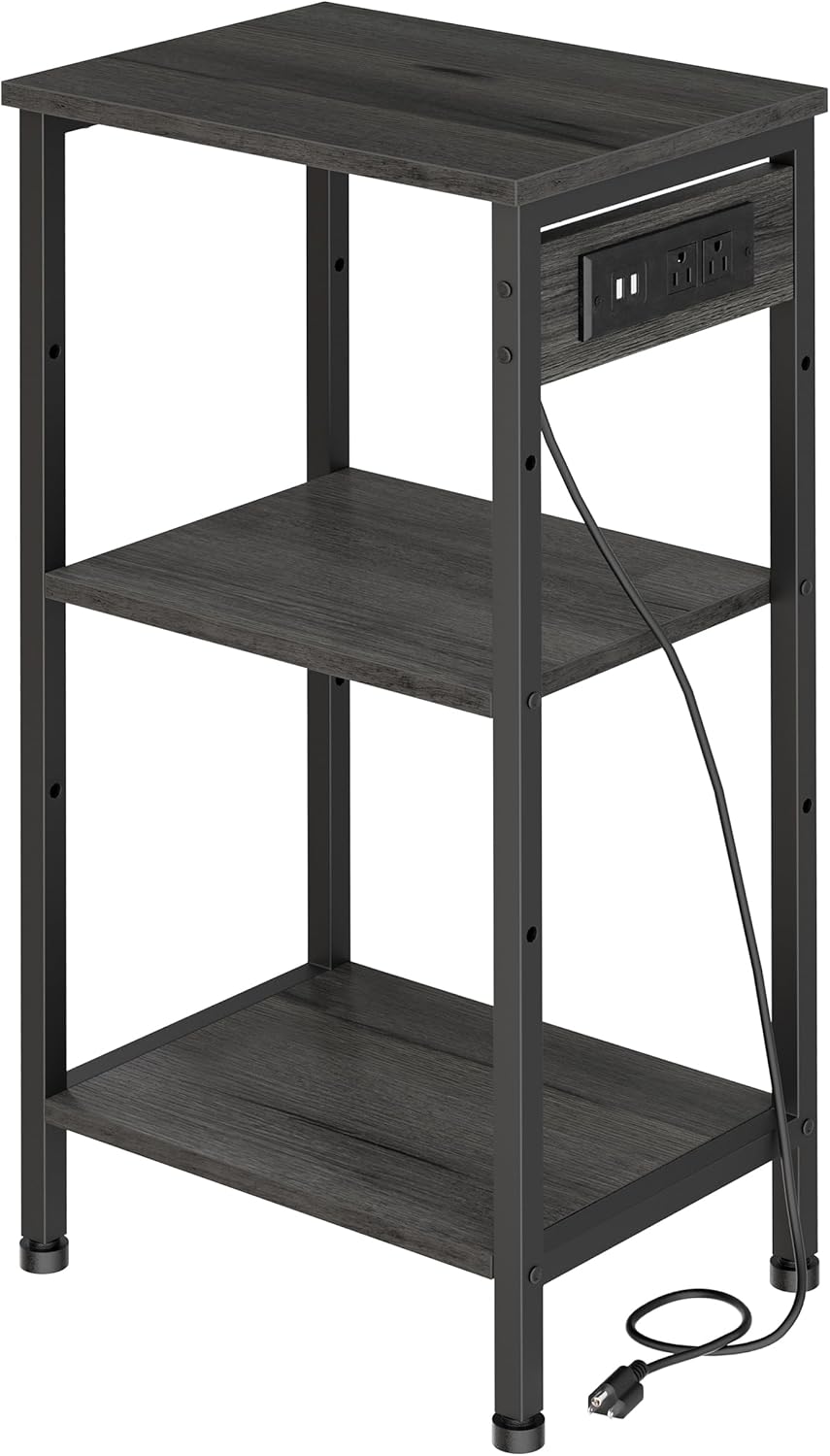 Tall End Table with Charging Station, 3 Tier Narrow Beside Table with Adjustable Shelf, Tall Gray Side Table Nightstand for Bedroom, Living Room Coffe Table, Office, Charcoal Grey