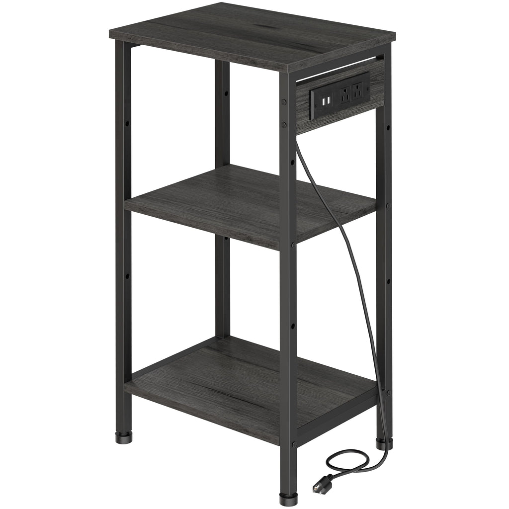 Tall End Table with Charging Station, 3 Tier Narrow Tall Nightstand with Storage, Slim Side Table with USB Ports and Outlets for Bedroom, Living Room, Office, Rustic Brown and Black