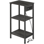 Tall End Table with Charging Station, 3 Tier Narrow Tall Nightstand with Storage, Slim Side Table with USB Ports and Outlets for Bedroom, Living Room, Office, Rustic Brown and Black