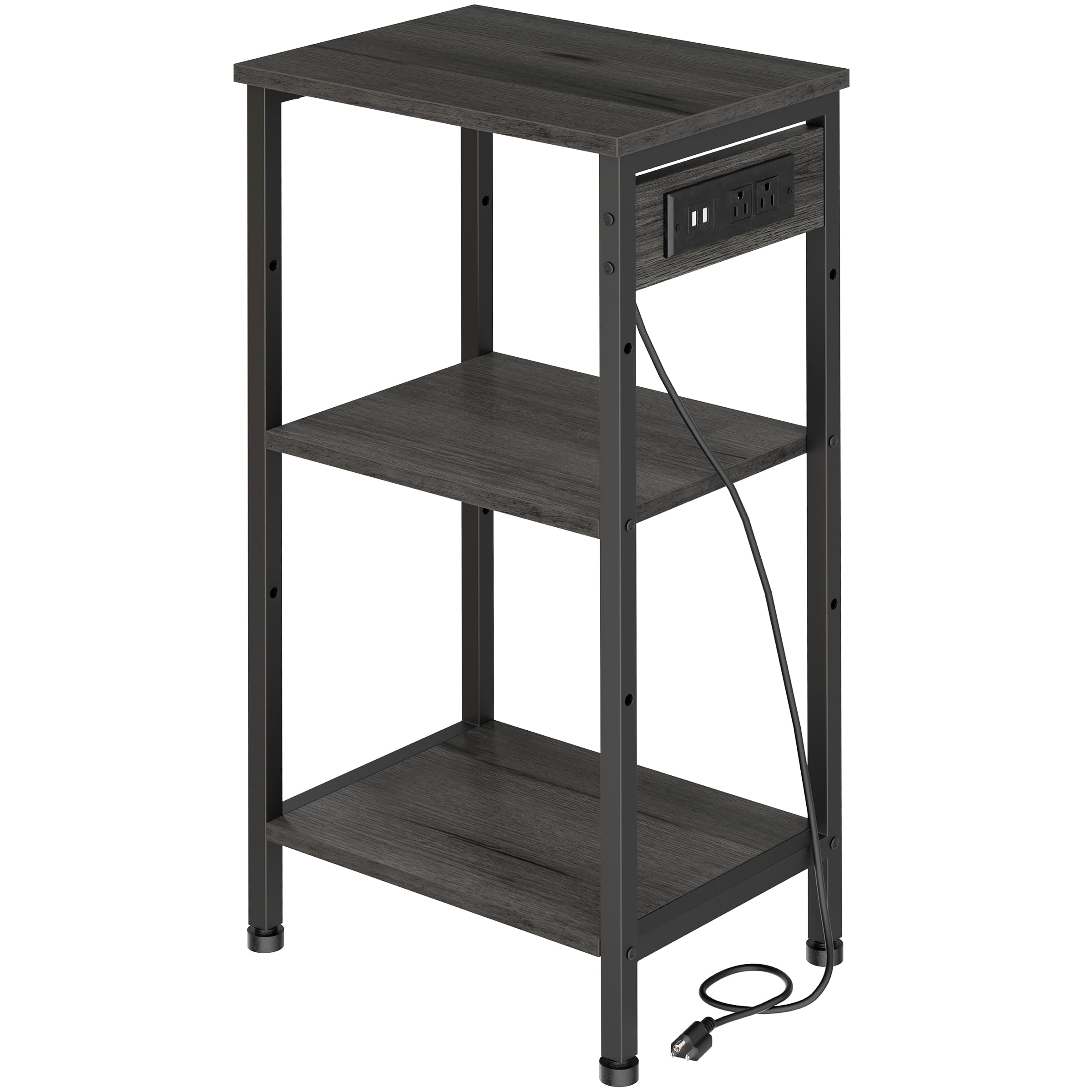 Tall End Table with Charging Station, 3 Tier Narrow Tall Nightstand with Storage, Slim Side Table with USB Ports and Outlets for Bedroom, Living Room, Office, Rustic Brown and Black