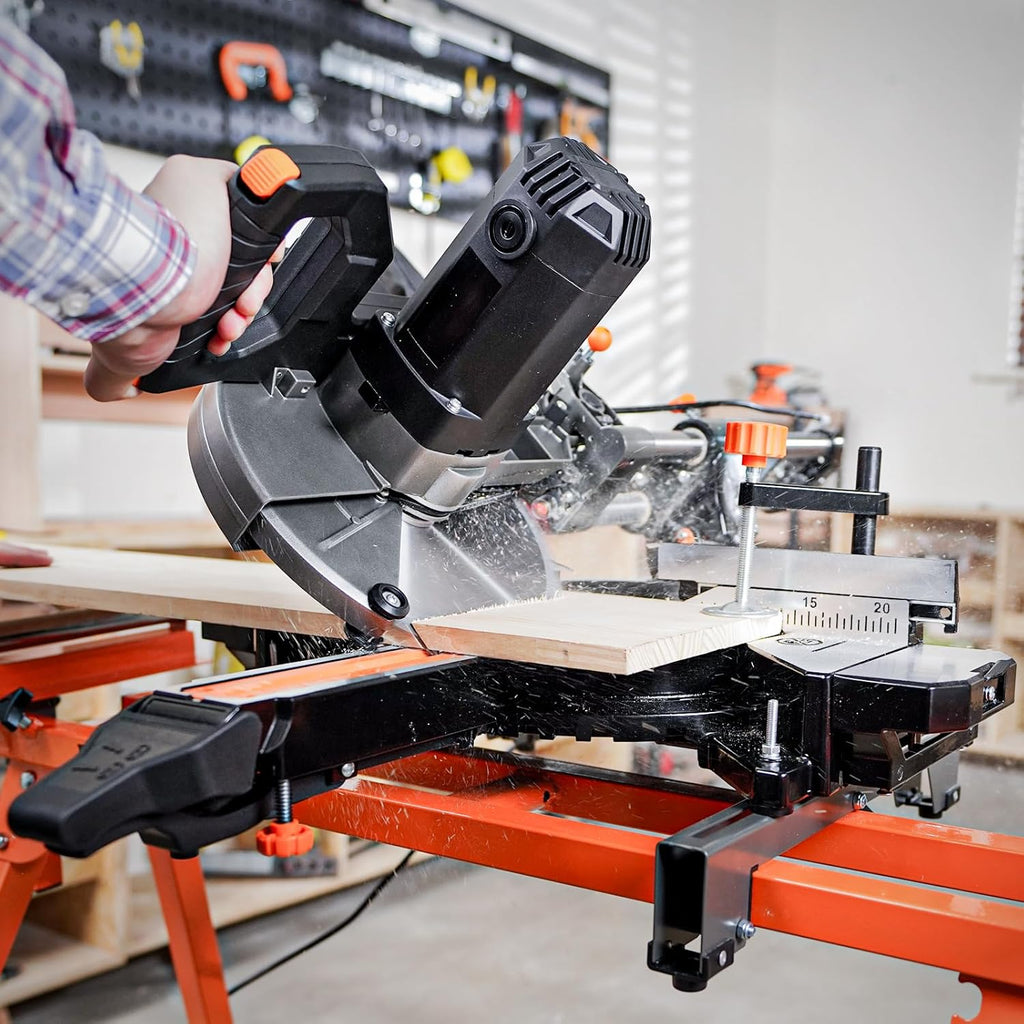 DOVAMAN Updated 10-Inch Sliding Miter Saw, Multi-Material Cutting w/ 3 x TCT Blades, Ambidextrous Operation, 5000/3200RPM Speed, Laser Guide, 0-45° Bevel Cut, Max Cut 3.5x13.4in, 9 Positive Stops