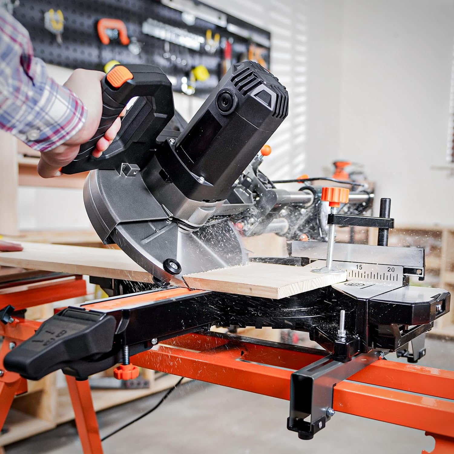 DOVAMAN Updated 10-Inch Sliding Miter Saw, Multi-Material Cutting w/ 3 x TCT Blades, Ambidextrous Operation, 5000/3200RPM Speed, Laser Guide, 0-45° Bevel Cut, Max Cut 3.5x13.4in, 9 Positive Stops