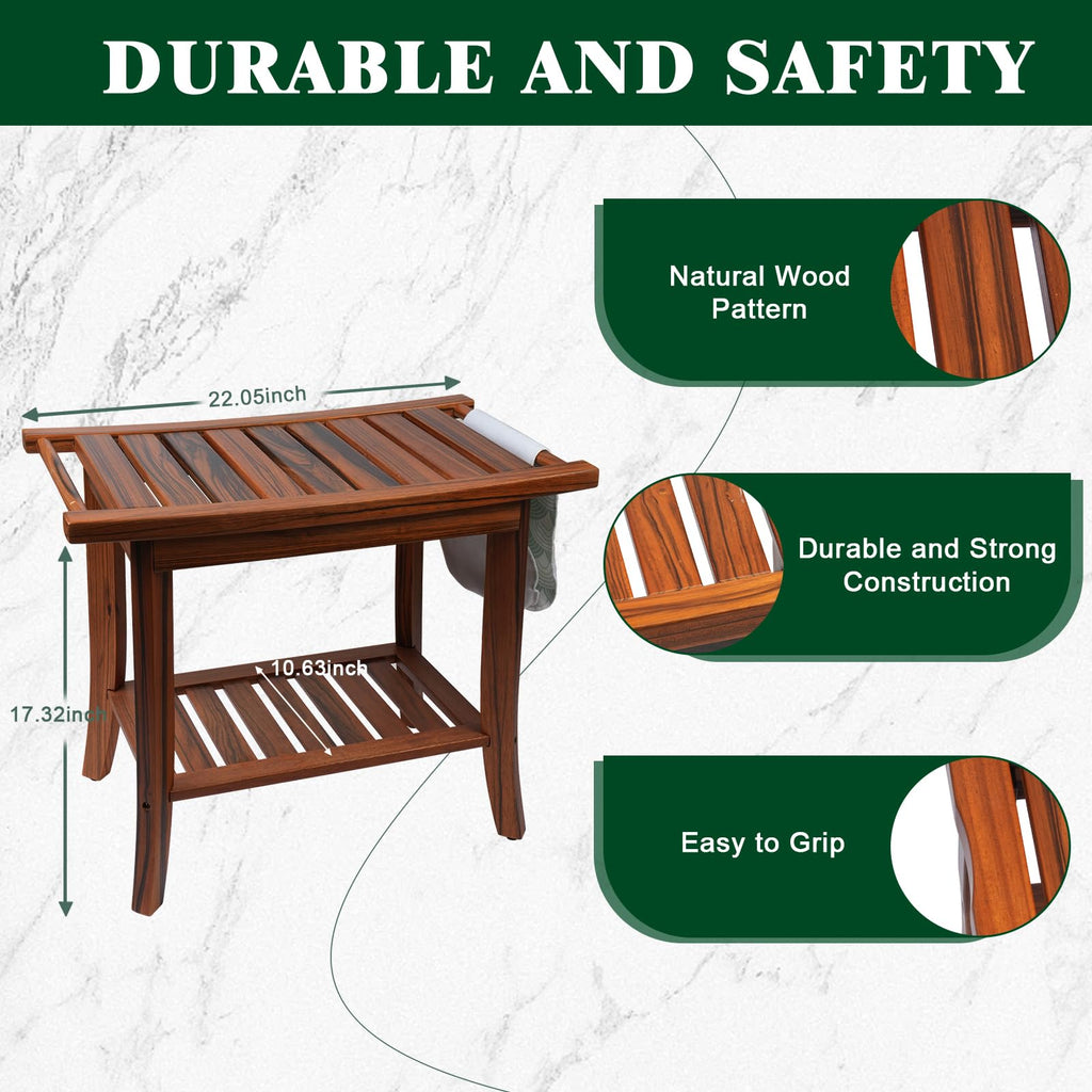 Graceware Teak Shower Bench, Shower Benches for Inside Shower to Sit on, Bathroom Bench Waterproof, Wood Shower Bench, Bench Seat for Bathroom and Entrance (Wooden Pattern, 22"×13"×19")