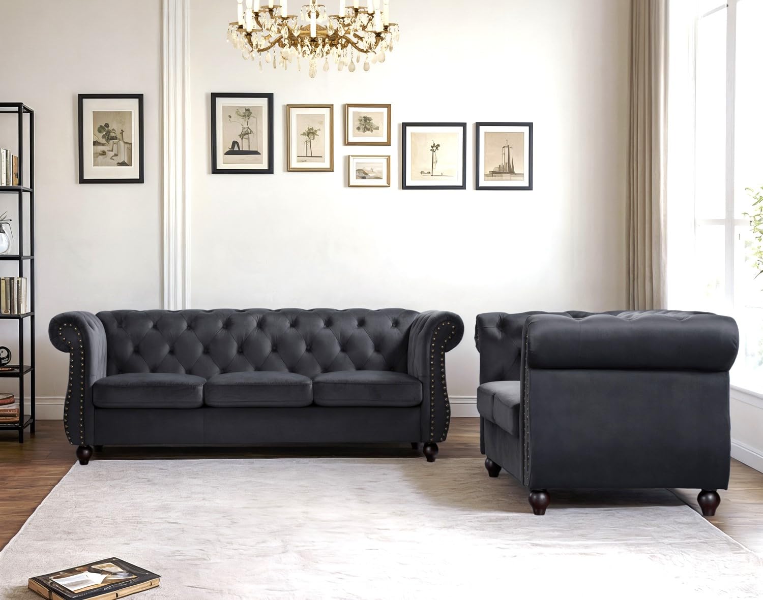 Container Furniture Velvet Chesterfield Couch, Button-Tufted Backrest, Rolled Arms, High-Density Foam with Spring Support, Elegant Accent Piece, Sofa, Dark Blue