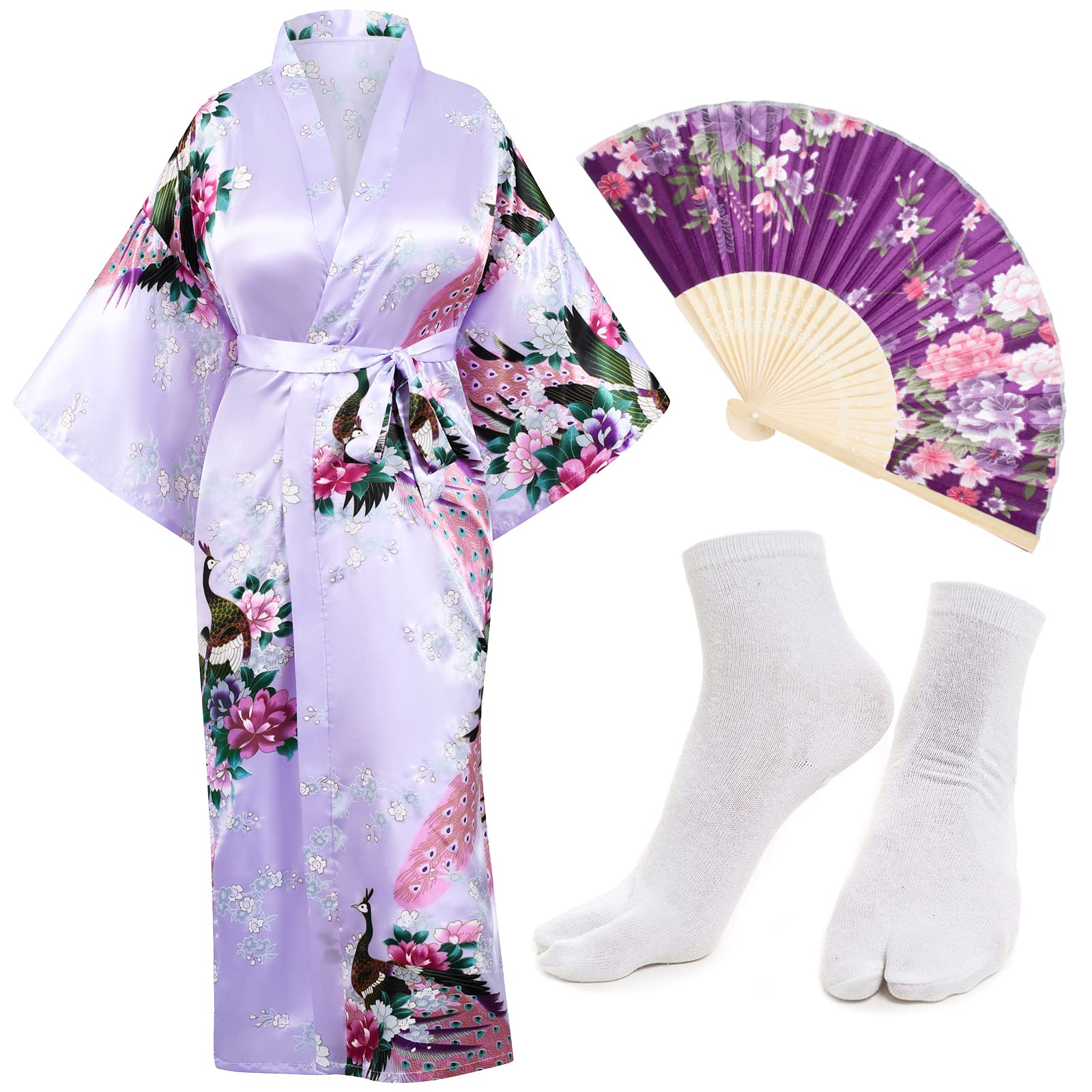 Heone Kimono Satin Peacock Printed Lightweight Cardigan Jacket Coat Yukata Cloak Bathrobe Tops folding Fans Tabi Socks Set