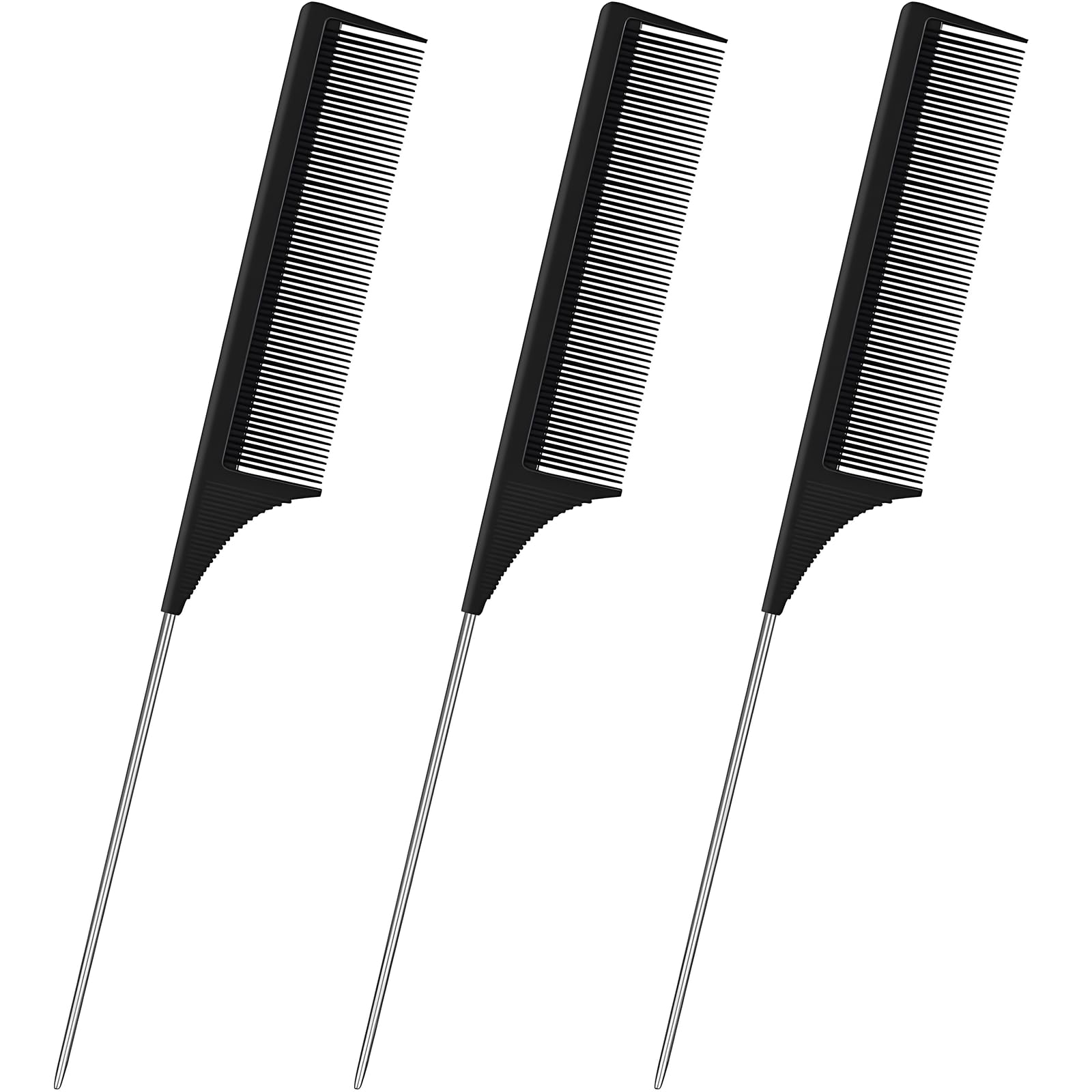 3 Pack Hair Rat Tail Combs Set, Parting Rattail, Teasing Fine Tooth Comb, Metal Hair Pick Detangling, Heat Resistant Carbon Fiber Teasing Comb, and Stainless Steel Pintail(Black)